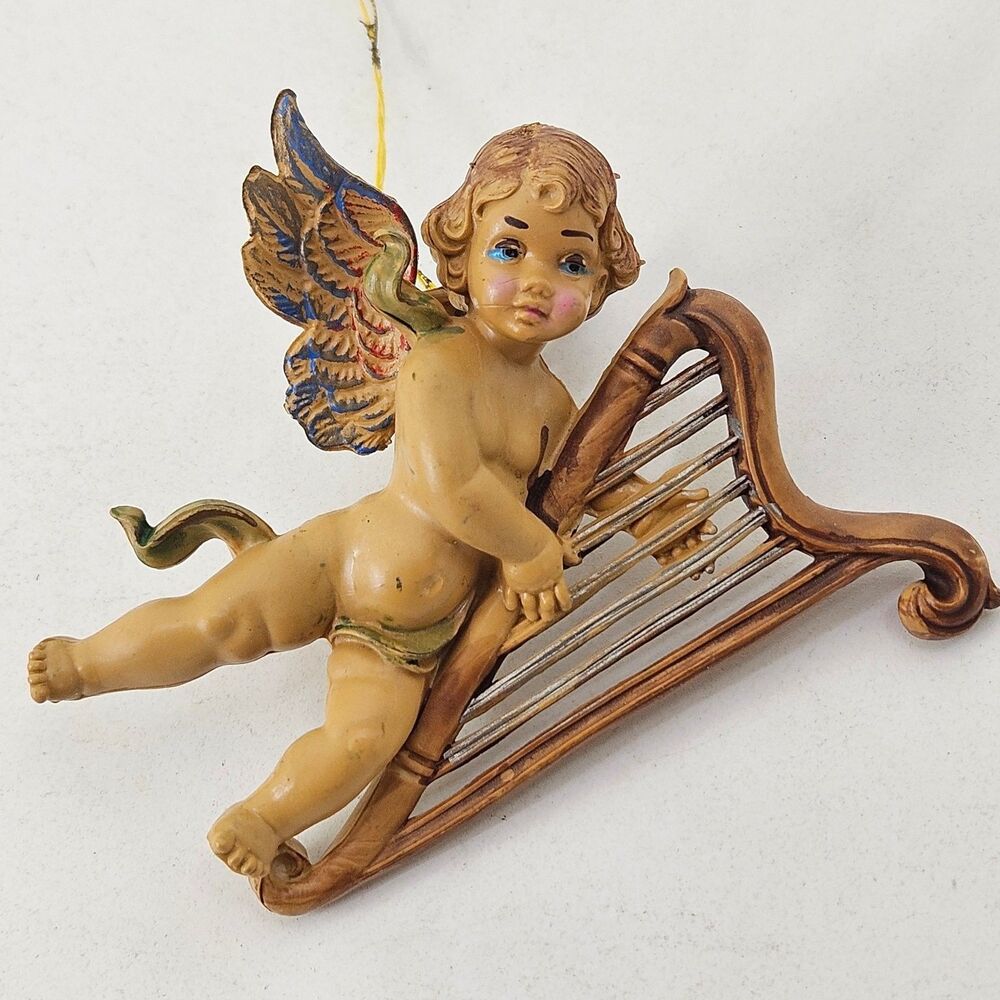 Vintage Italy Cherub Angel with Harp Christmas Ornament Holiday Decor